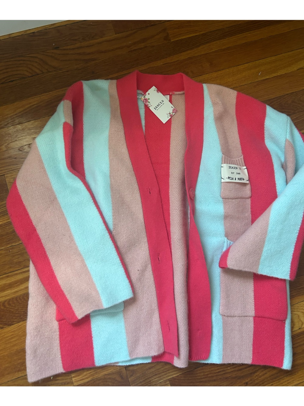 Striped Open-Front Cardigan in Coral, Blush & Aqua